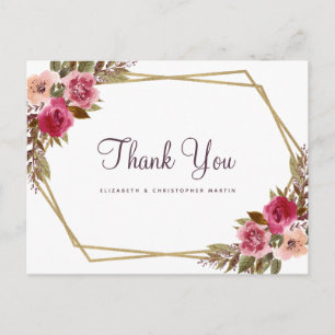 Elegante trouwkaart bedankjes bloem goud kader briefkaart