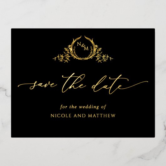 Elegante Trouwkaart - Black en Echt Goud Folie Uitnodiging Briefkaart (Voorkant)