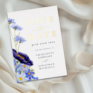 Elegante Trouwkaart Blauwe Wilde Bloemen Save The Folie Uitnodiging Briefkaart