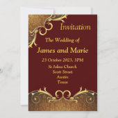 Elegante trouwkaart, bordeauxrood/gouden scroll kaart (Voorkant)