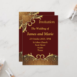 Elegante trouwkaart, bordeauxrood/gouden scroll kaart