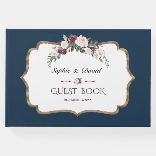 Elegante Trouwkaart Burgundy Roze Wit Bloemen Goud Gastenboek (Voorkant)