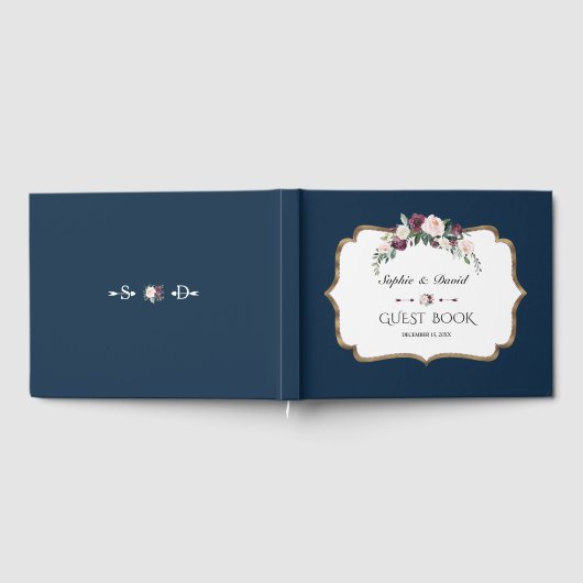 Elegante Trouwkaart Burgundy Roze Wit Bloemen Goud Gastenboek (Volledig)