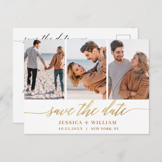 Elegante Trouwkaart Met 3 Foto's Briefkaart (Voorkant / Achterkant)