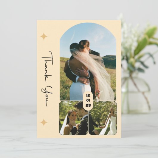 Elegante trouwkaart met 3 foto's om te bedanken kaart (Staand voorkant)
