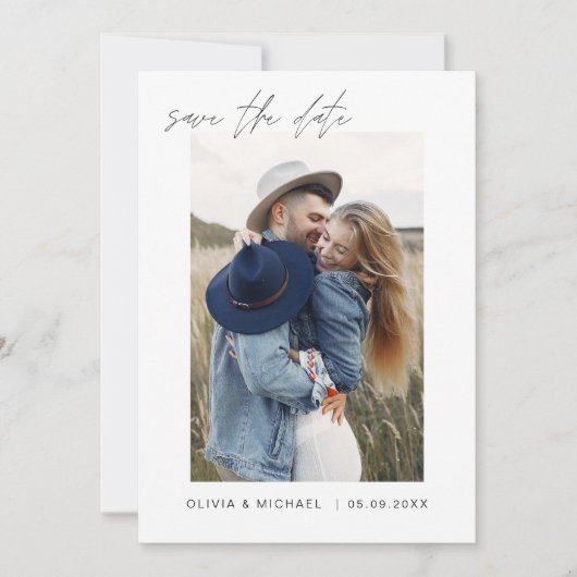 Elegante trouwkaart met foto en minimale vormgevin save the date (Voorkant)