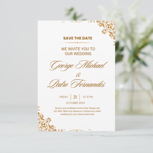 Elegante trouwkaart met gouden folie save the date (Staand voorkant)
