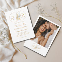 Elegante trouwkaart met gouden monogram en foto