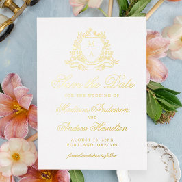Elegante trouwkaart met gouden wapenschild en mono folie uitnodiging