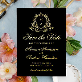 Elegante trouwkaart met gouden wapenschild en mono folie uitnodiging