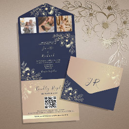 Elegante trouwkaart met navyblauwe foto en QR-code All In One Uitnodiging