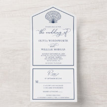 Elegante Trouwkaart met Schelp en Marineblauw