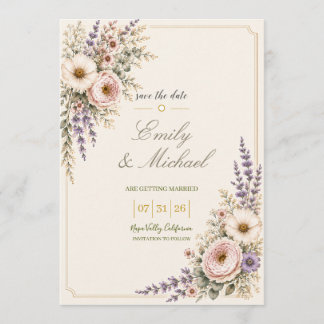 Elegante Trouwkaart met Wilde Bloemen om de Datum Kaart
