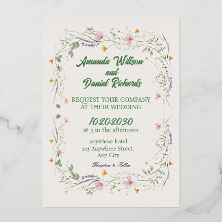 Elegante Trouwkaart met Wilde Bloemen | Waterverf Folie Uitnodiging