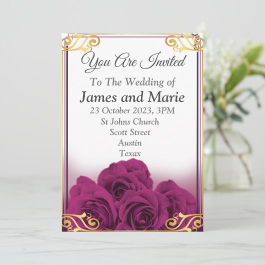 Elegante trouwkaart, paarse rozen kaart (Staand voorkant)