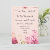 Elegante trouwkaart, roze bloemen kaart (Staand voorkant)