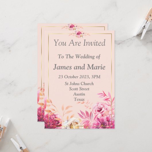 Elegante trouwkaart, roze bloemen kaart (Voorkant / Achterkant in situ)
