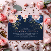 Elegante Trouwkaart Roze & Marineblauwe Bloemen