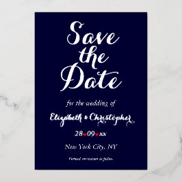 Elegante Trouwkaart 'Save the Date' Navyblauw Zilv Folie Uitnodiging