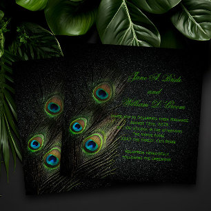 Elegante Trouwkaart Smaragdgroen Zwart Goud Pauw Kaart
