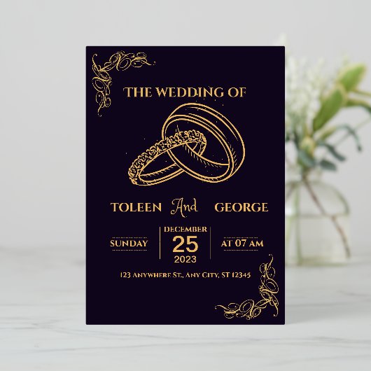 Elegante trouwkaart zwart en goud folie folie uitnodiging (Staand Voorkant)