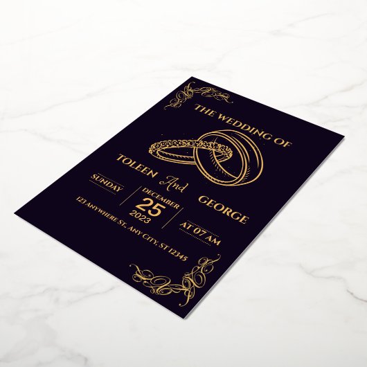 Elegante trouwkaart zwart en goud folie folie uitnodiging (Gedraaid)