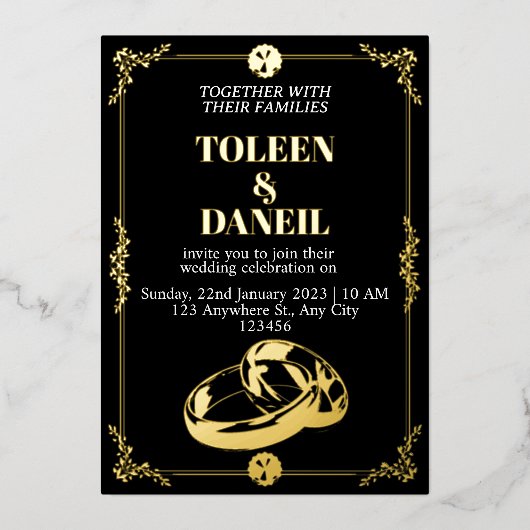 Elegante trouwkaart zwart en goud folie folie uitnodiging (Voorkant)