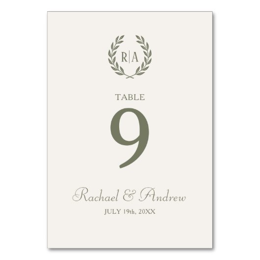 Elegante Trouwkrans Monogram Groene Crème Kaart (Voorkant)