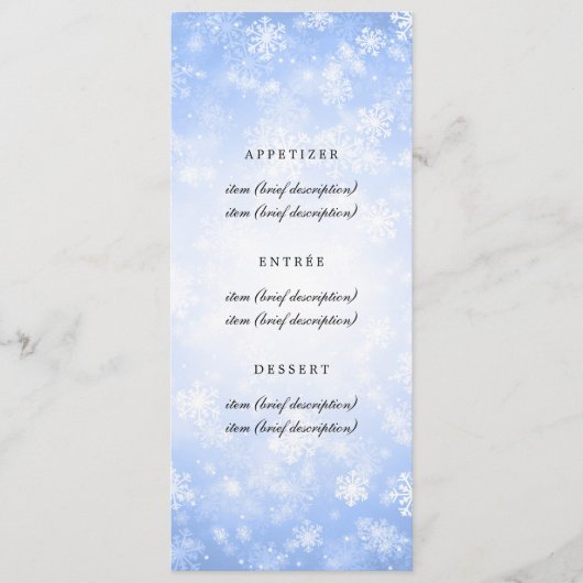 Elegante trouwmenu Blauwe Winter Wonderland Menu (Voorkant)
