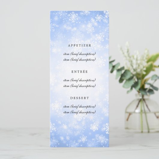 Elegante trouwmenu Blauwe Winter Wonderland Menu (Staand voorkant)