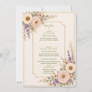 Elegante trouwmenu met wilde bloemen. kaart