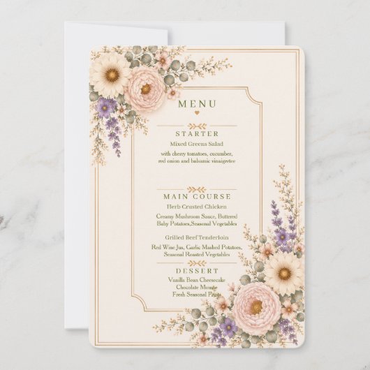 Elegante trouwmenu met wilde bloemen. kaart (Voorkant)