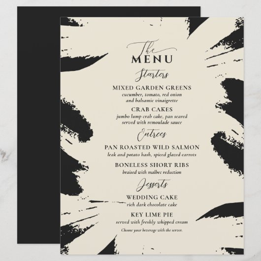 Elegante trouwmenukaart Bot zwart Twee hoofdgerech (Voorkant / Achterkant)