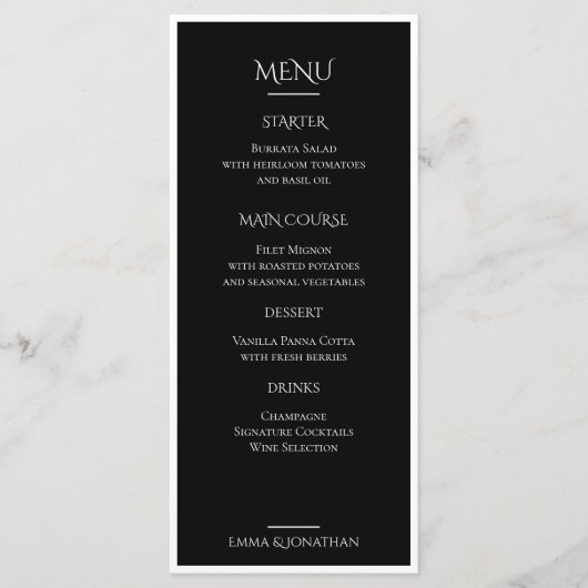 Elegante Trouwmenukaart Zwart & Wit Menu (Voorkant)