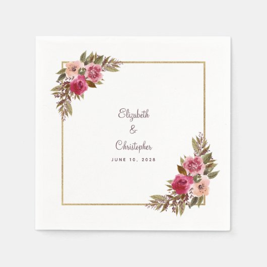 Elegante trouwnamen Datum Floral Gold Cocktail Servet (Voorkant)