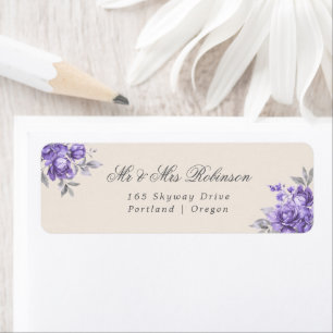 Elegante Trouwpaars Purperen Rustieke Bloemen Etiket
