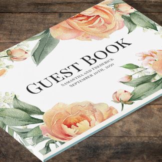 Elegante Trouwpeach Bloem Blauw Gastenboek