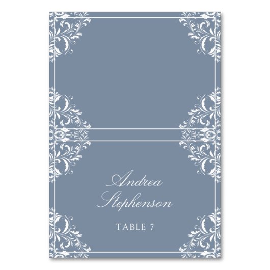 Elegante Trouwplaats/Naam Kaarten (Stoffig Blauw) (Voorkant)