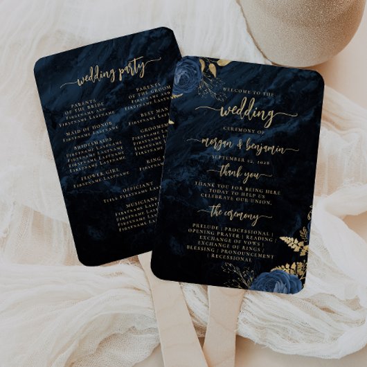 Elegante trouwprogramma Navy Blue met bloemmotief Handwaaier