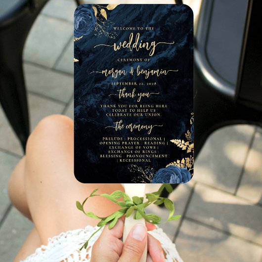 Elegante trouwprogramma Navy Blue met bloemmotief Handwaaier