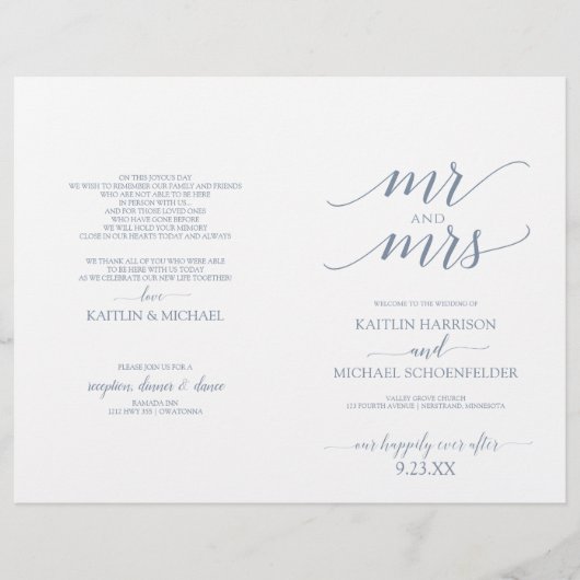 Elegante Trouwprogramma's met Typografie Stofblauw (Voorkant)