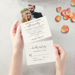 Elegante trouwreceptie foto roomkleurig all in one uitnodiging