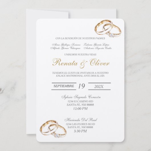 Elegante trouwring Spaanse uitnodiging (Voorkant)