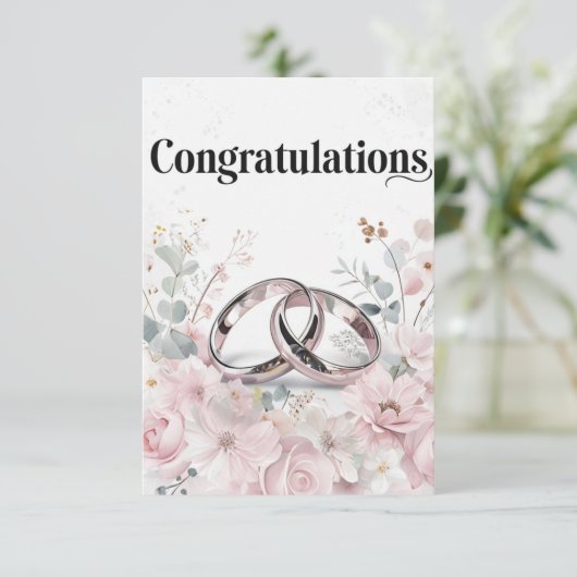 Elegante trouwringen en bloemengrens kaart (Staand voorkant)