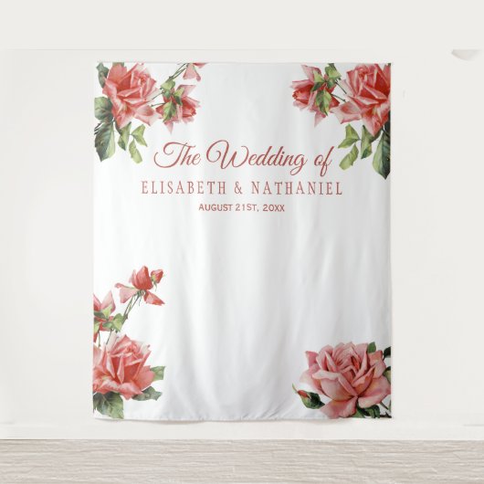 Elegante trouwroze rozen fotohokje achtergrond wandkleed (Voorkant)