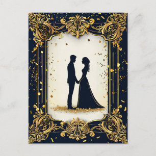 Elegante trouwsilhouet met sierlijke gouden lijst briefkaart
