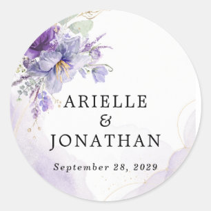Elegante Trouwsticker Paarse Bloemen Lavendel Ronde Sticker