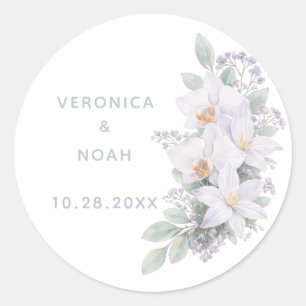 Elegante Trouwsticker Witte Orchidee Bloem Bewerkb Ronde Sticker