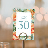 Elegante Trouwtafel Nummer Blauwe Perzik Bloemen Kaart