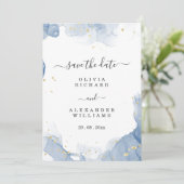 Elegante trouwuitnodiging Blauw en Goud Minimaal Save The Date (Staand voorkant)